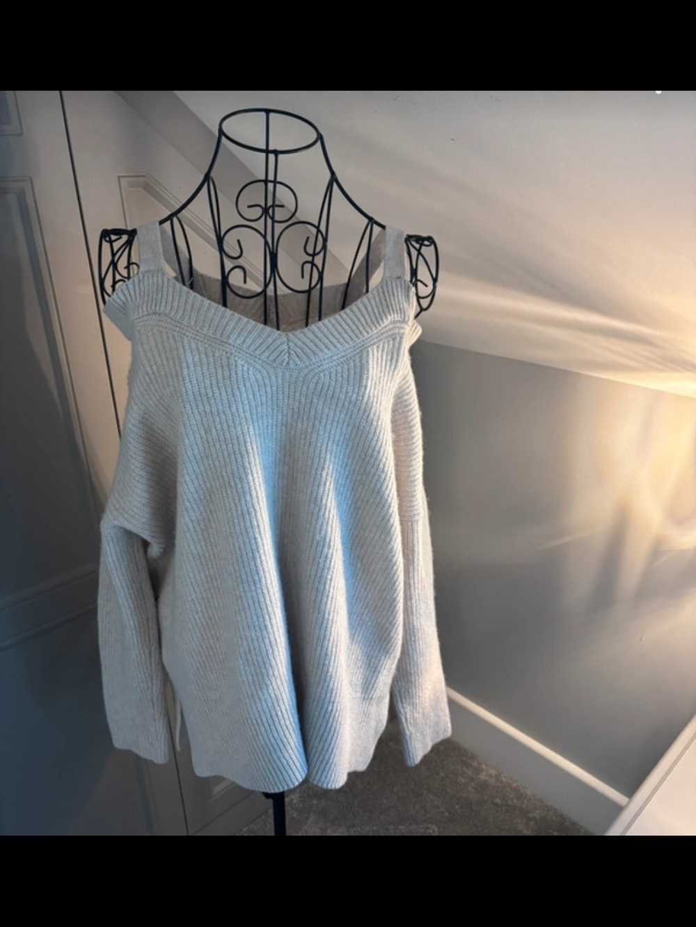 All Saints Off-Shoulder Ribbed Sweater - Light Gray